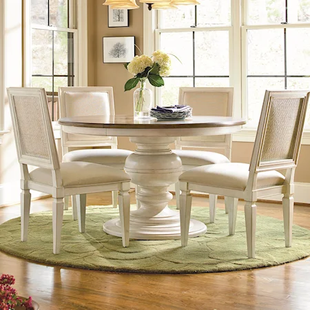 6 Piece Round Pedestal Table and Woven Back Side Chair Set